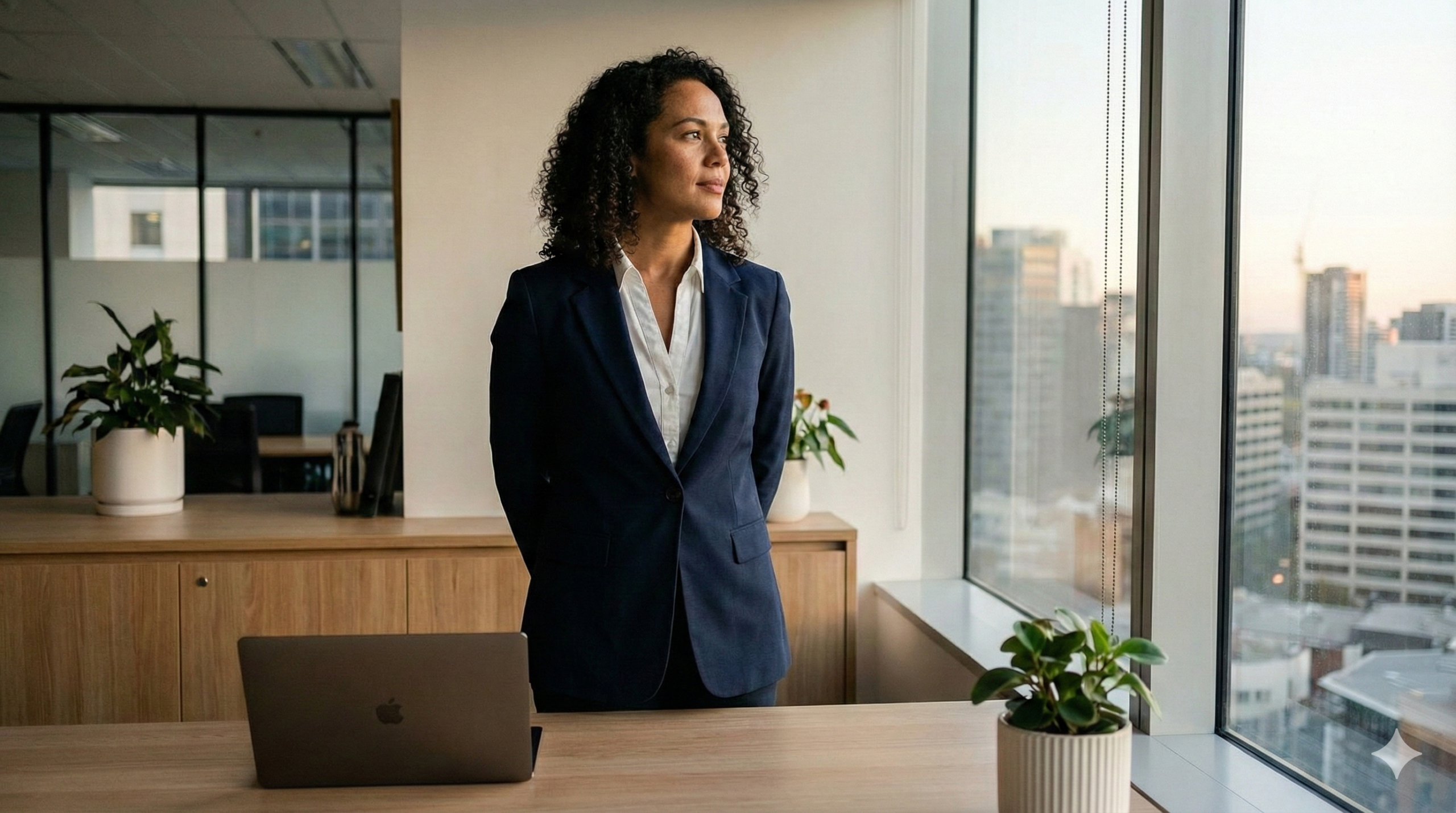 Established mid-career professional reflecting quietly in a modern workspace.